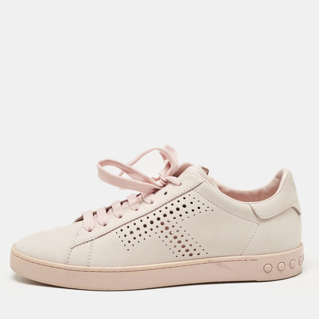 luxury-women-tods-used-shoes-p1116557-004 Tod's Pink Perforated Nubuck Leather Low Top Sneakers Size 37