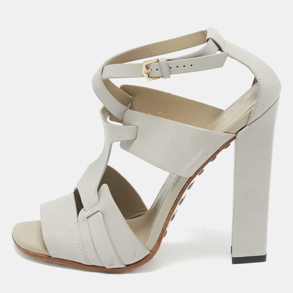 luxury-women-tods-used-shoes-p1122153-009 Tod's Grey Leather Cutout Block Heel Ankle Strap Sandals Size 39