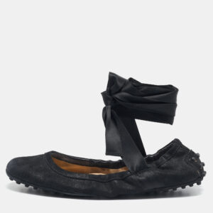 Tod's Black Suede Scrunch Ribbon Ballet Flats Size 38.5