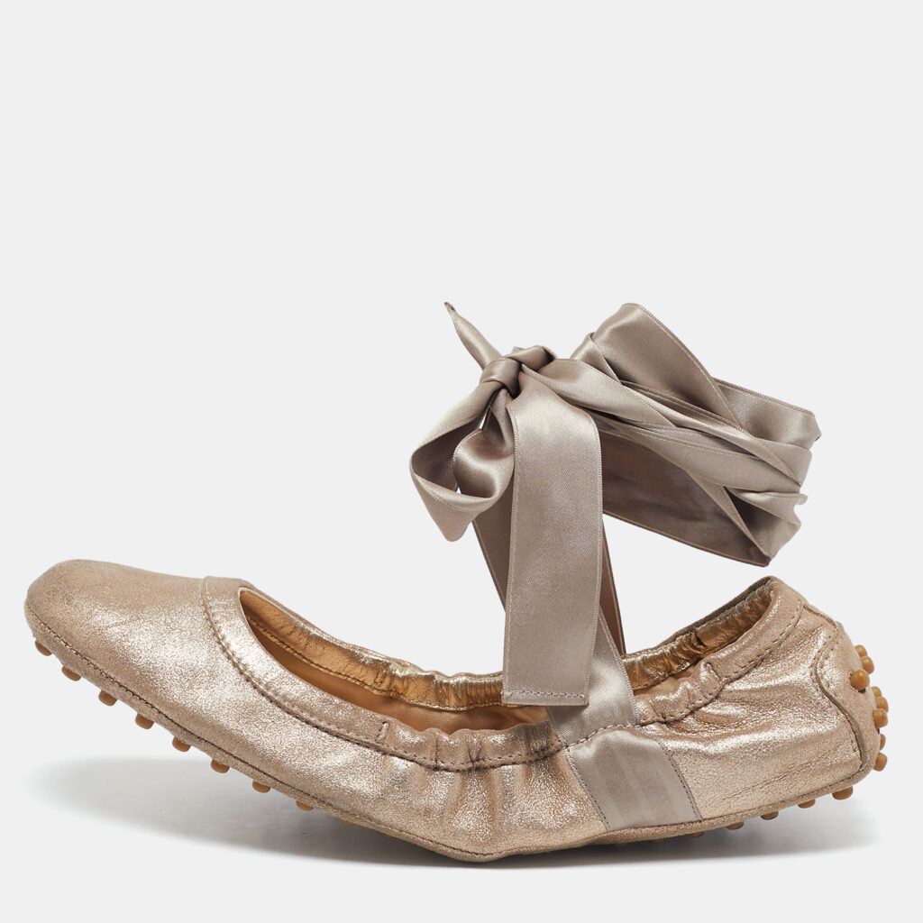luxury-women-tods-used-shoes-p1136474-008 Tod's Metallic Bronze Nubuck Leather Scrunch Ribbon Ballet Flats Size 39