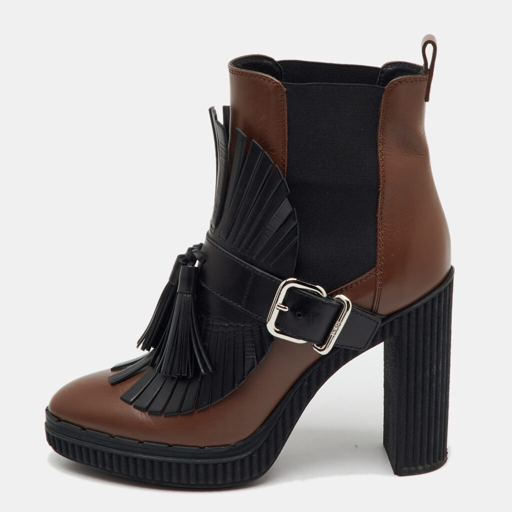 luxury-women-tods-used-shoes-p1136954-001 Tod's Brown/Black Leather Tassel Ankle Length Boots Size 37