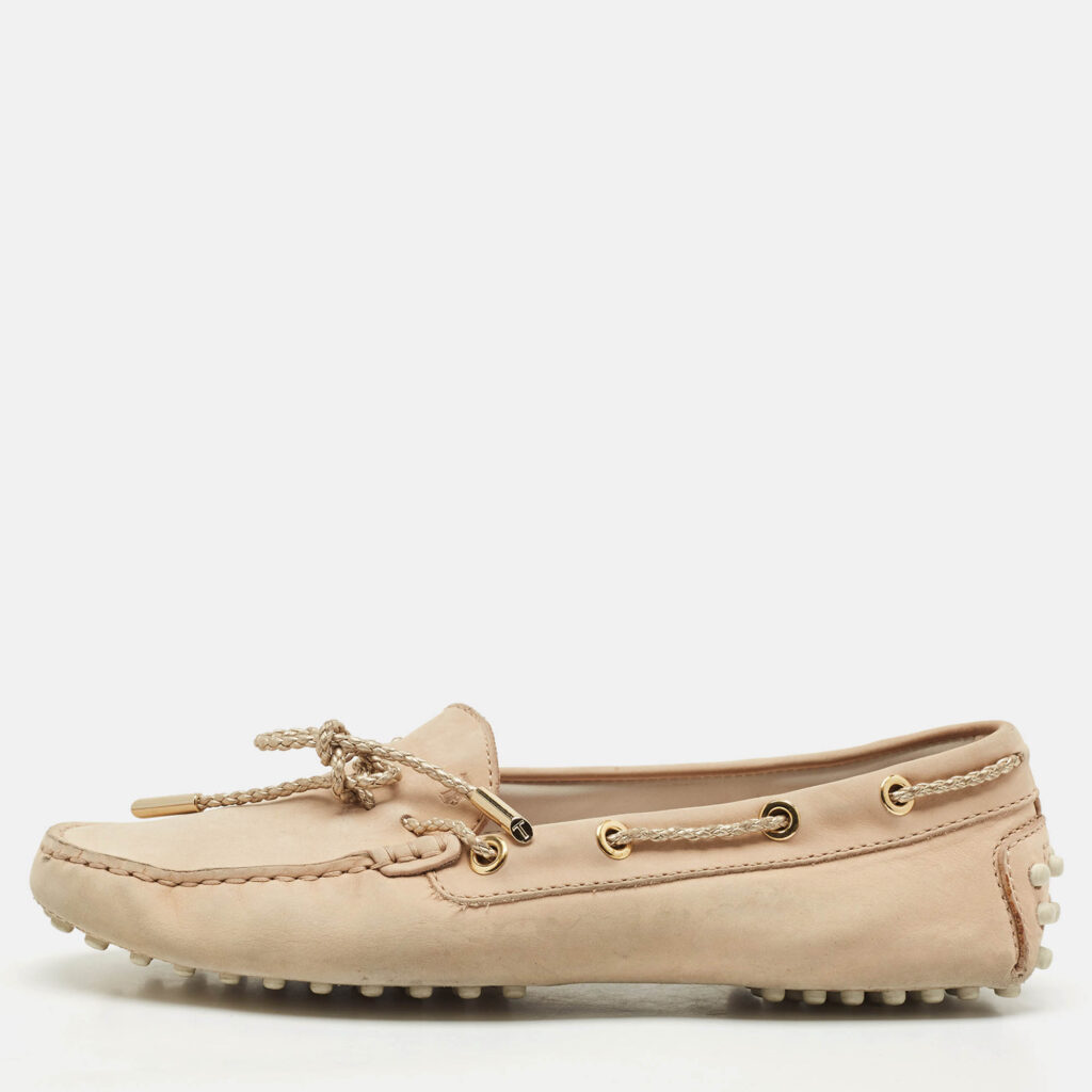 luxury-women-tods-used-shoes-p1142754-010 Tod's Beige Nubuck Leather Tied Lace Loafers Size 37