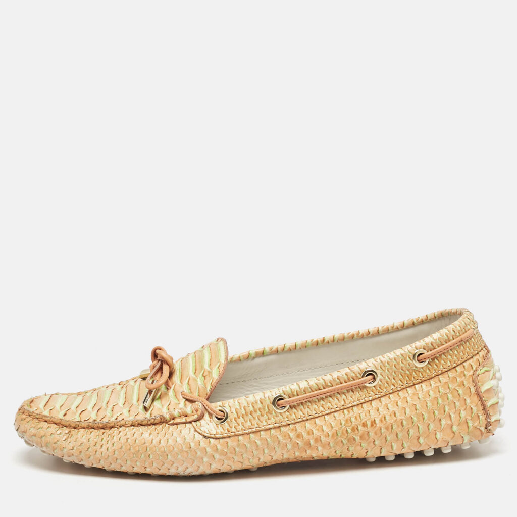 luxury-women-tods-used-shoes-p1144862-010 Tod's Yellow/Orange Python Leather Penny Loafers Size 41