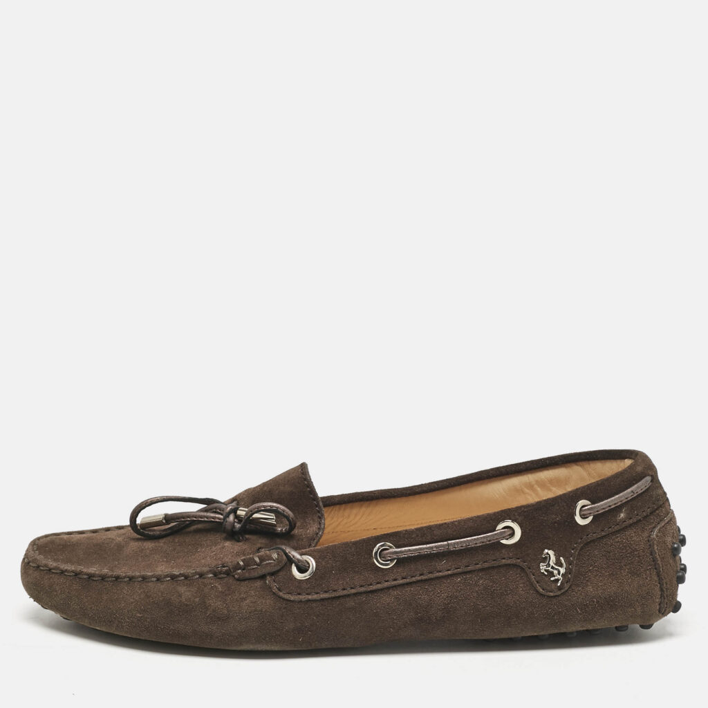 Tod's for Ferrari Brown Suede Bow Slip On Loafers Size 39.5