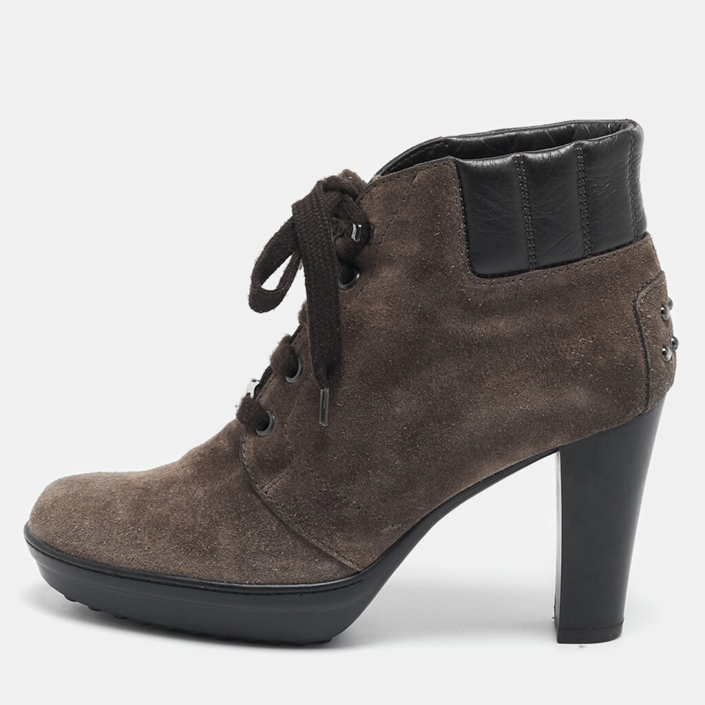 luxury-women-tods-used-shoes-p1146026-002 Tod's Brown Suede and Leather Lace Up Ankle Boots Size 36