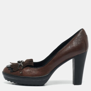 Tod's Brown Leather and Suede Fringe Platform Pumps Size 38.5