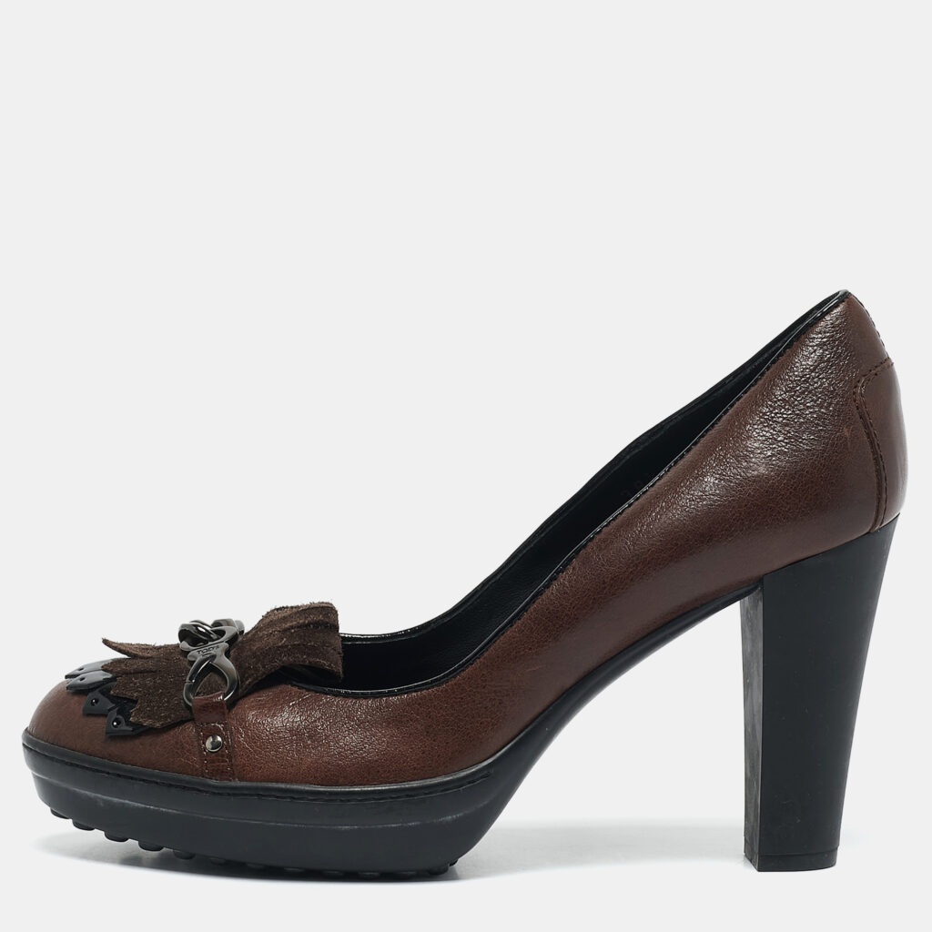 Tod's Brown Leather and Suede Fringe Platform Pumps Size 38.5