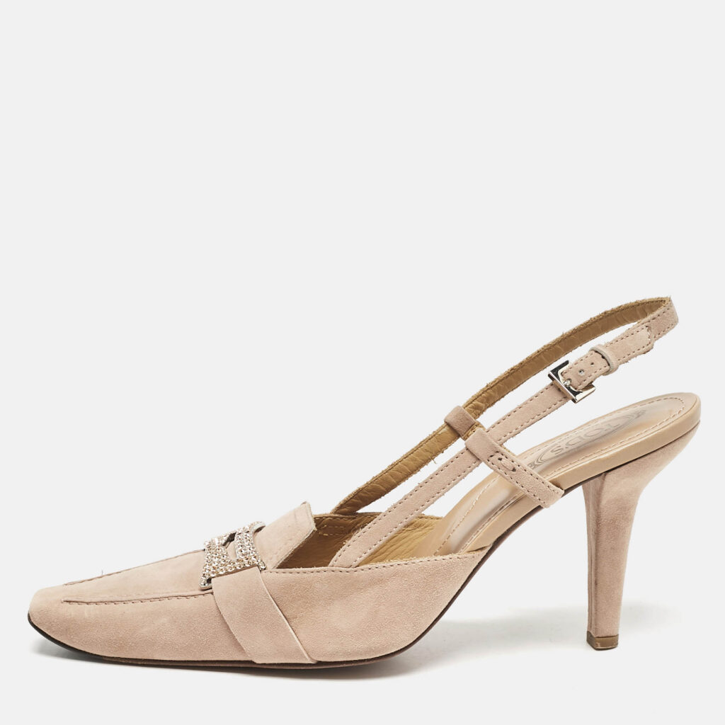 luxury-women-tods-used-shoes-p1147230-010 Tod's Beige Suede Crystal Embellished Pointed Toe Slingback Pumps Size 38