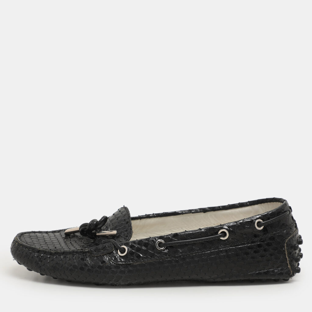 luxury-women-tods-used-shoes-p1148085-006.jpg Tod's Black Python Bow Loafers Size 37