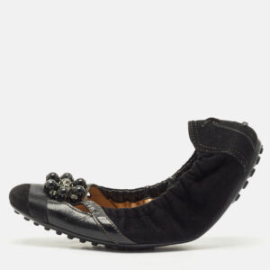 Tod's Black  Suede Scrunch Crystal Embellished Bow Ballet Flats Size 37.5