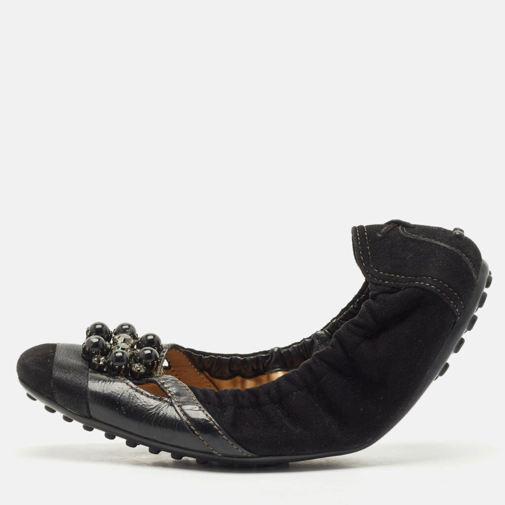 luxury-women-tods-used-shoes-p1148582-010 Tod's Black Suede Scrunch Crystal Embellished Bow Ballet Flats Size 37.5