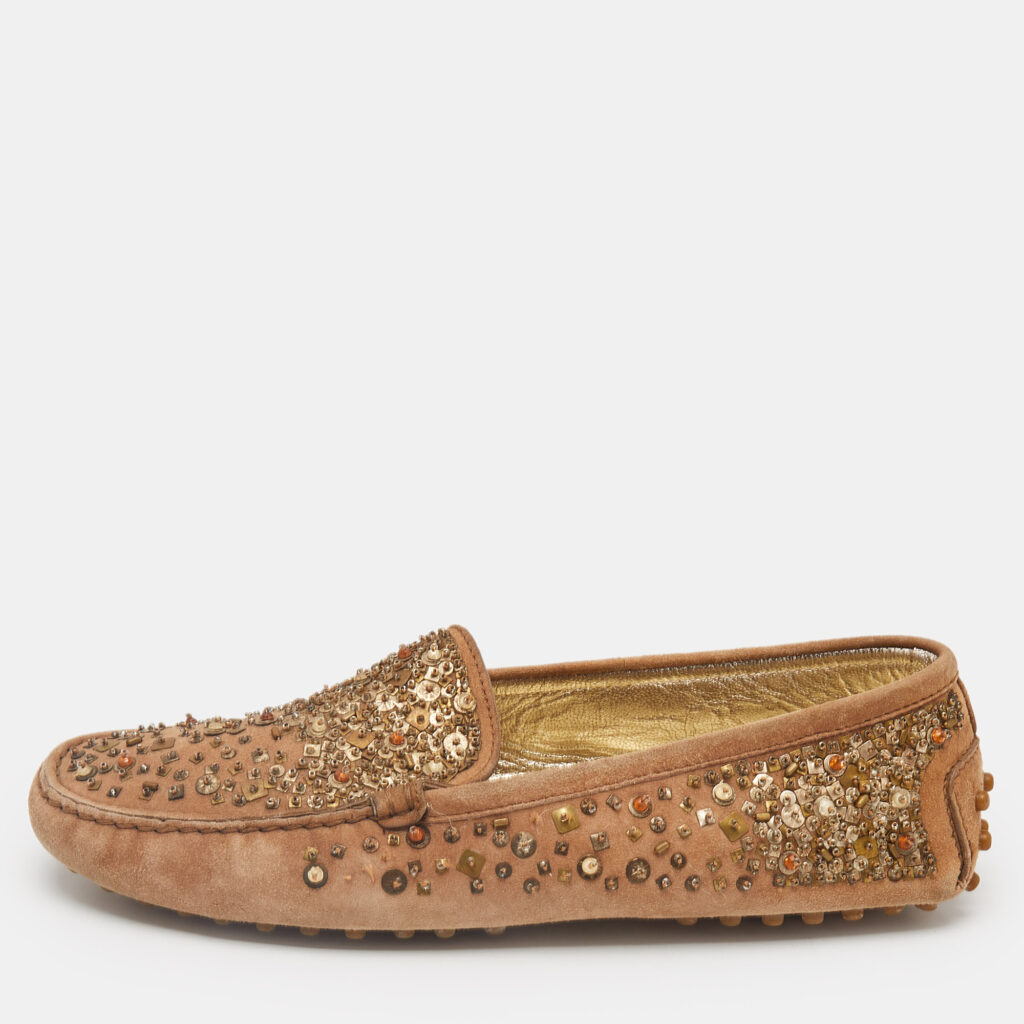 Tod's Brown Suede Crystal Embellished Driver Loafers Size 37.5