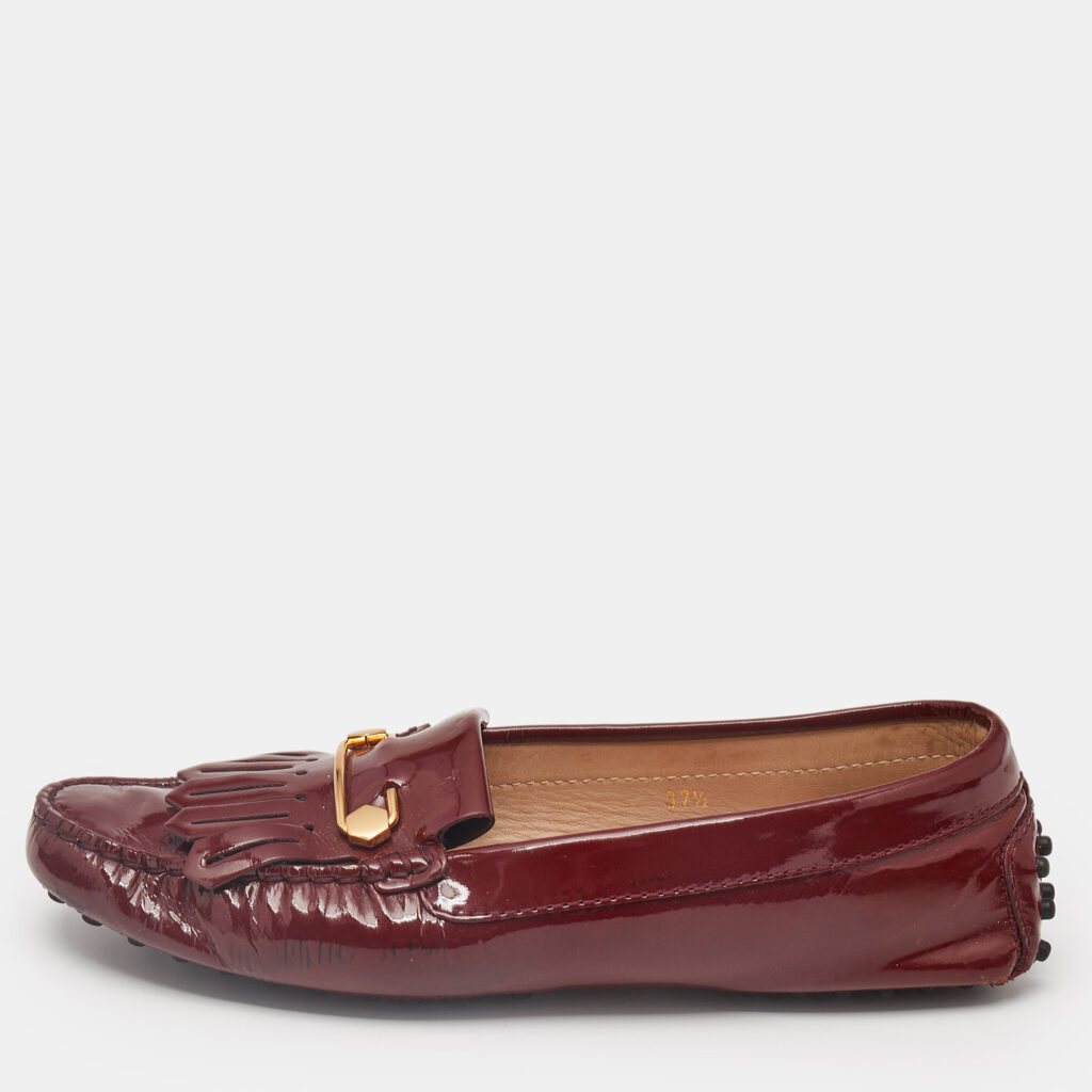 Tod's Burgundy Patent Leather Safety Pin Detail Fringe Loafers Size 37.5