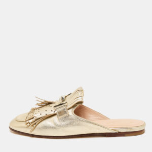 Tod's Gold Metallic Leather Double T Studded Fringe Flat Mules Size 37.5