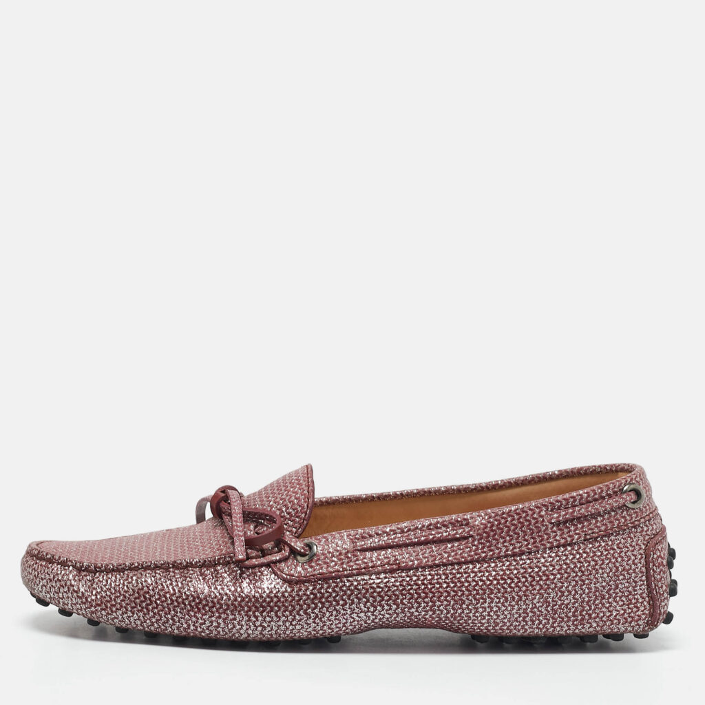 luxury-women-tods-used-shoes-p1160806-010 Tod's Purple Glitter and Leather Slip On Loafers Size 38