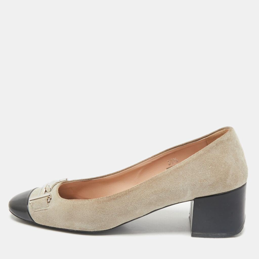 luxury-women-tods-used-shoes-p1161513-001 Tod's Navy Grey/Black Suede and Leather Double T Court Loafer Pumps Size 37.5