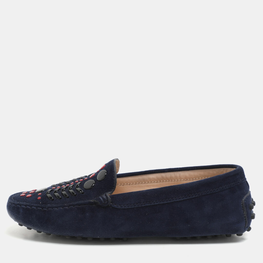 luxury-women-tods-used-shoes-p1162270-001 Tod's Navy Blue Suede Studded Slip On Loafers Size 36