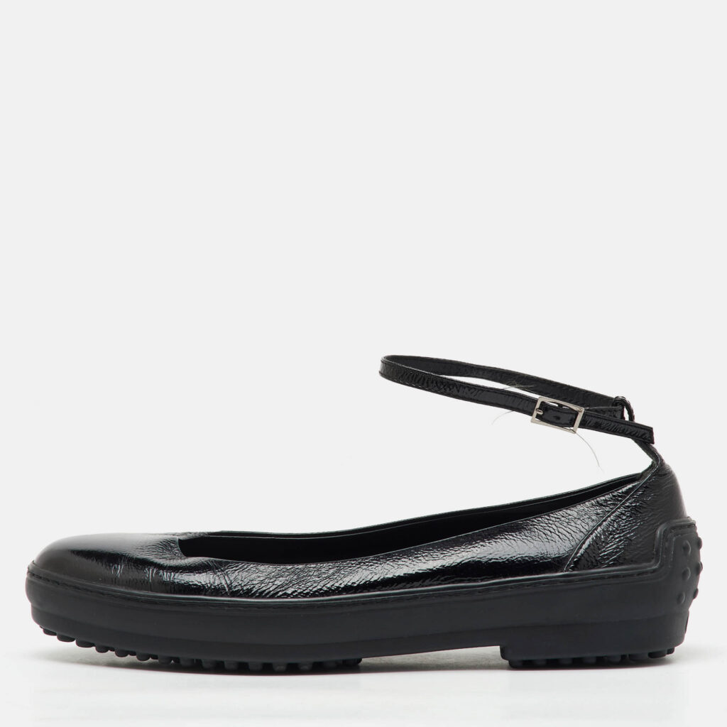 luxury-women-tods-used-shoes-p1166824-010 Tod's Black Patent Leather Ankle Strap Ballet Flats Size 38