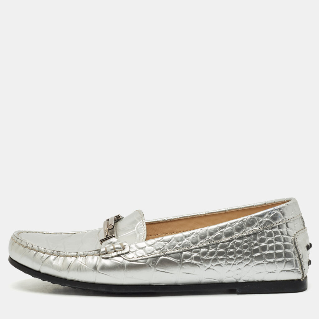luxury-women-tods-used-shoes-p1168944-001 Tod's Silver Croc Embossed Leather Slip On Loafers Size 38