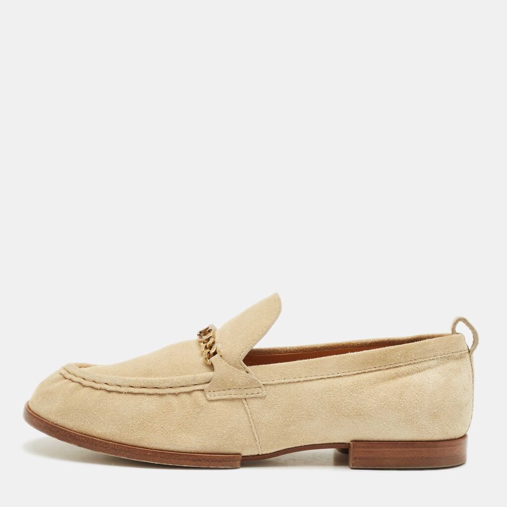 luxury-women-tods-used-shoes-p1170365-003 Tod's Beige Suede T Logo Penny Loafers Size 38.5