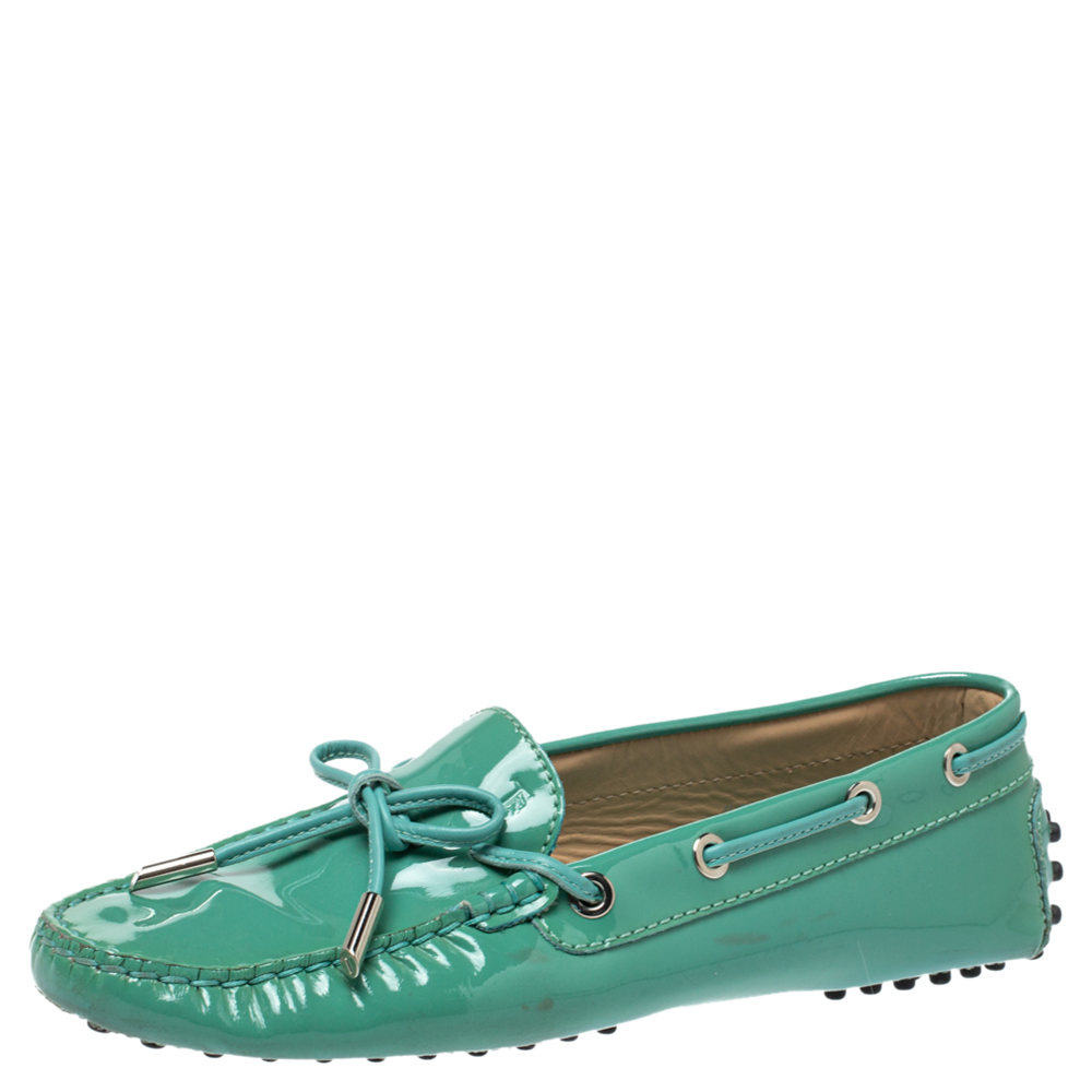 Tod's Pale Green Patent Leather New Gommini Loafers Size 36.5