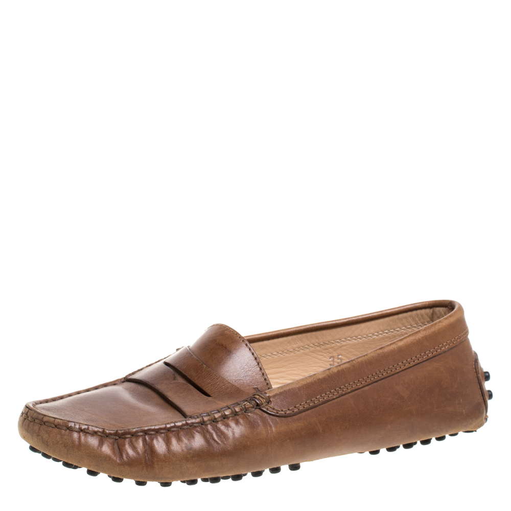 luxury-women-tods-used-shoes-p358508-005 Tod's Brown Leather Penny Slip On Loafers Size 35