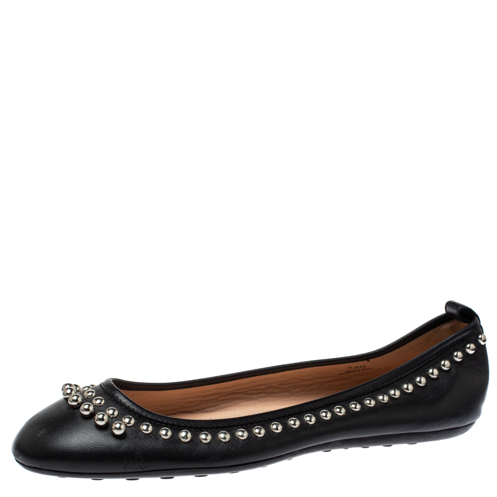 luxury-women-tods-used-shoes-p366197-005 Tod's Black Leather Studded Ballet Flats Size 38.5