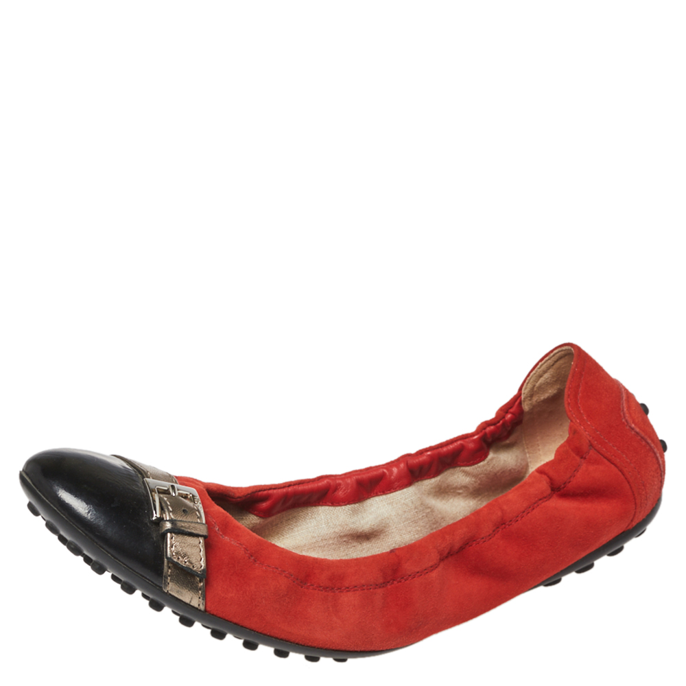 luxury-women-tods-used-shoes-p366325-006 Tod's Orange/Black Suede and Patent Leather Cap Toe Scrunch Ballet Flats Size 37.5