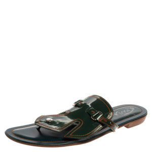 Tod's Green Patent Leather Buckle Detail Thong Flats Size 40.5