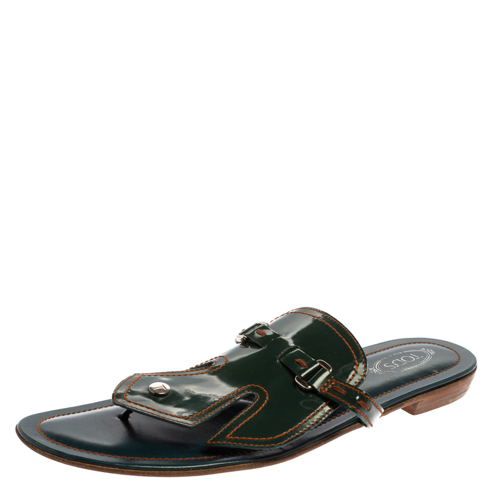 luxury-women-tods-used-shoes-p366844-002 Tod's Green Patent Leather Buckle Detail Thong Flats Size 40.5