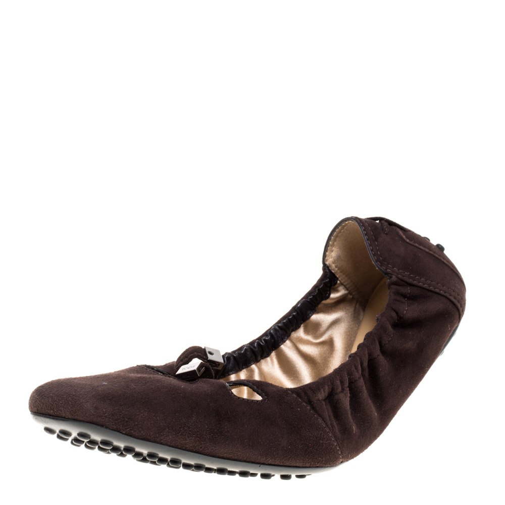 luxury-women-tods-used-shoes-p367124-006 Tod's Brown Suede Scrunch Ballet Flats Size Size 40.5