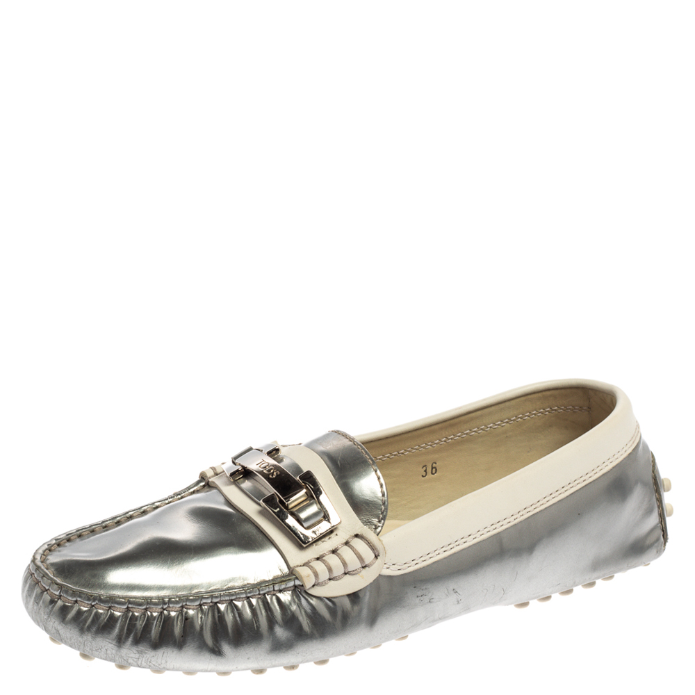 luxury-women-tods-used-shoes-p367208-002 Tod's Silver/White Patent and Leather Logo Buckle Loafers Size 36