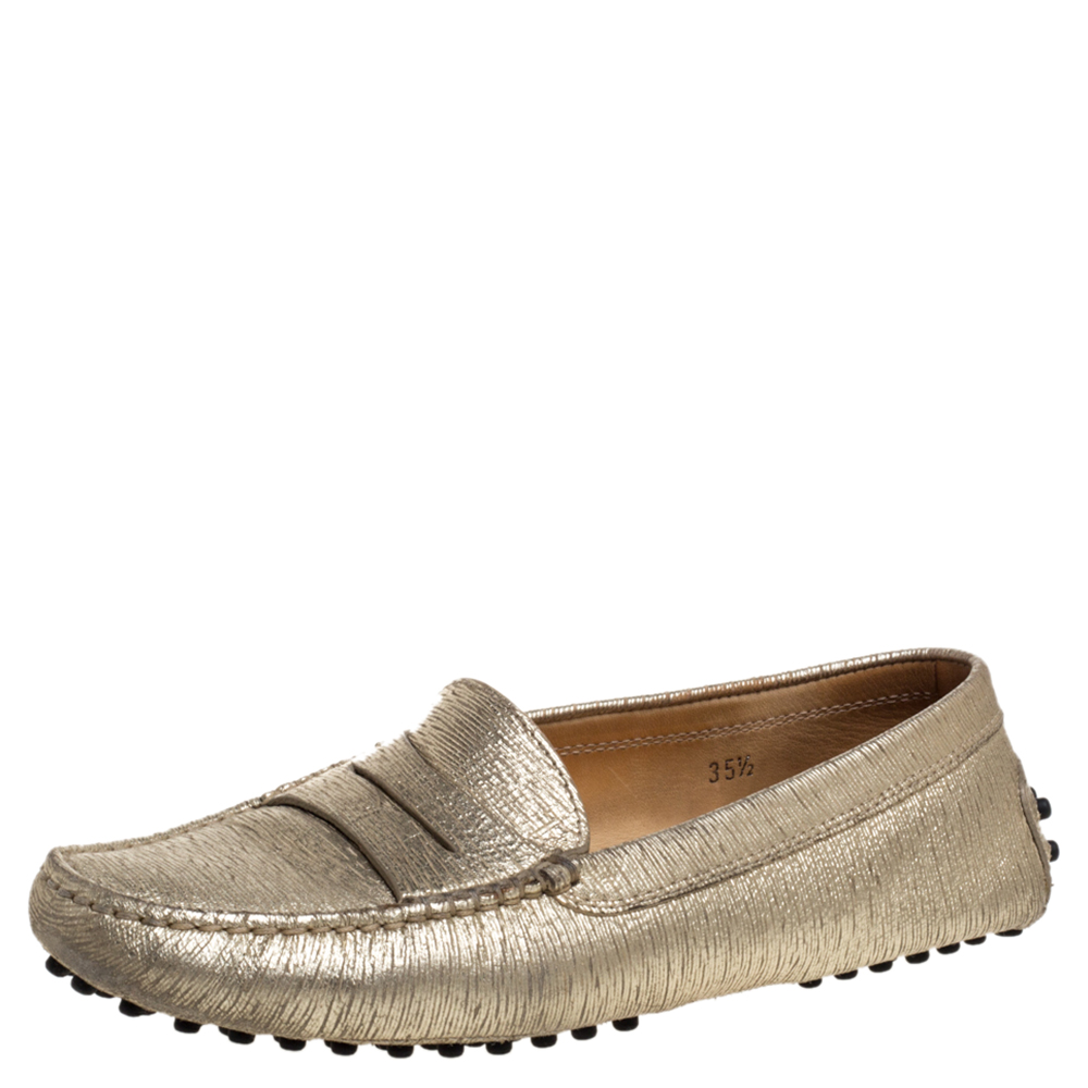 luxury-women-tods-used-shoes-p375755-008 Tod's Metallic Gold Leather Penny Loafers Size 35.5