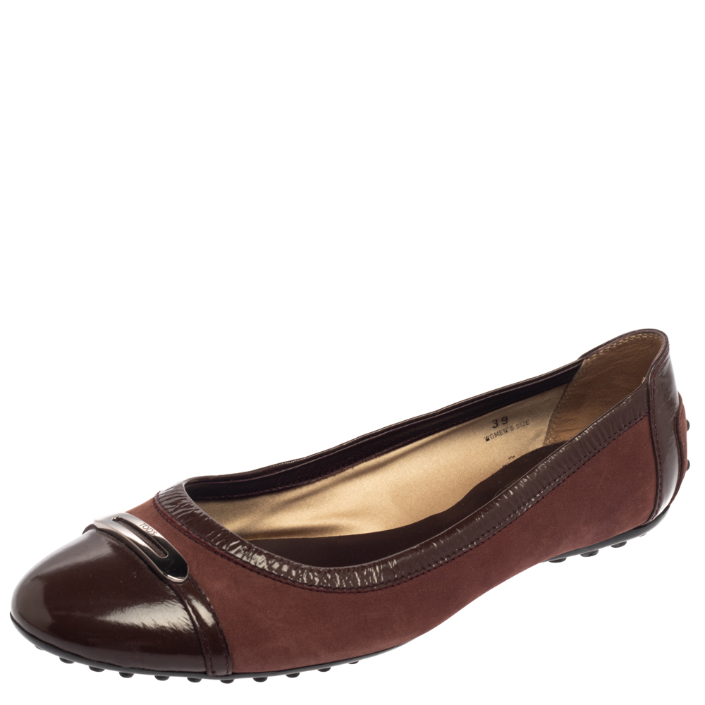 luxury-women-tods-used-shoes-p376899-004 Tod's Two Tone Brown Suede and Patent Leather Cap Toe Ballet Flats Size 39