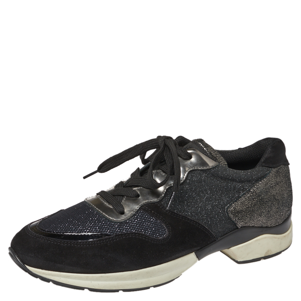luxury-women-tods-used-shoes-p377206-005 Tod's Black Mesh And Suede Textured Leather Low Top Sneakers Size 38.5
