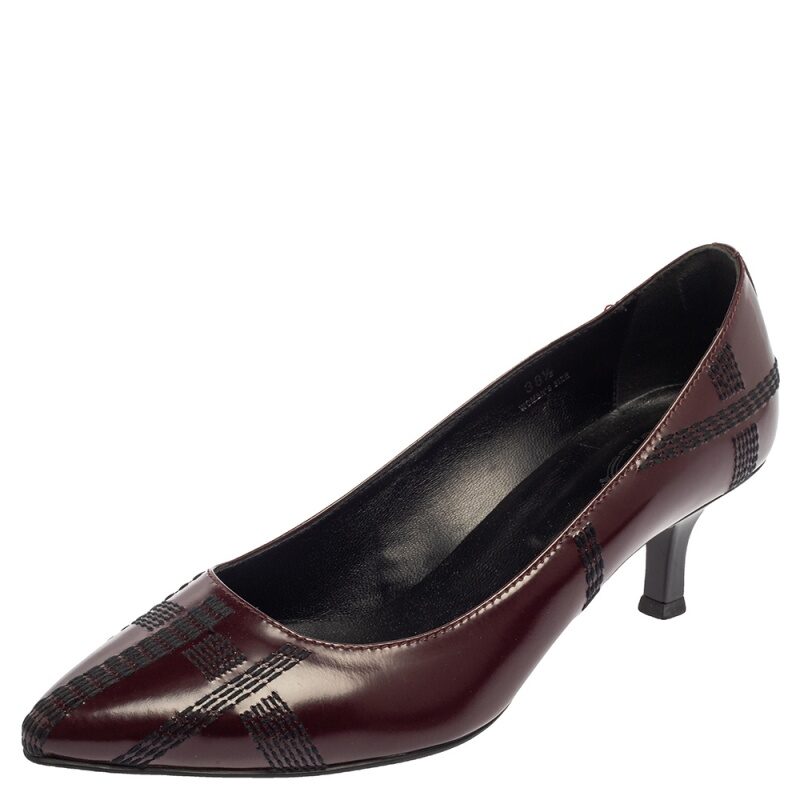 luxury-women-tods-used-shoes-p386634-1612084297-005 Tod's Burgundy Leather Embroidered Pointed Toe Pumps Size 38.5