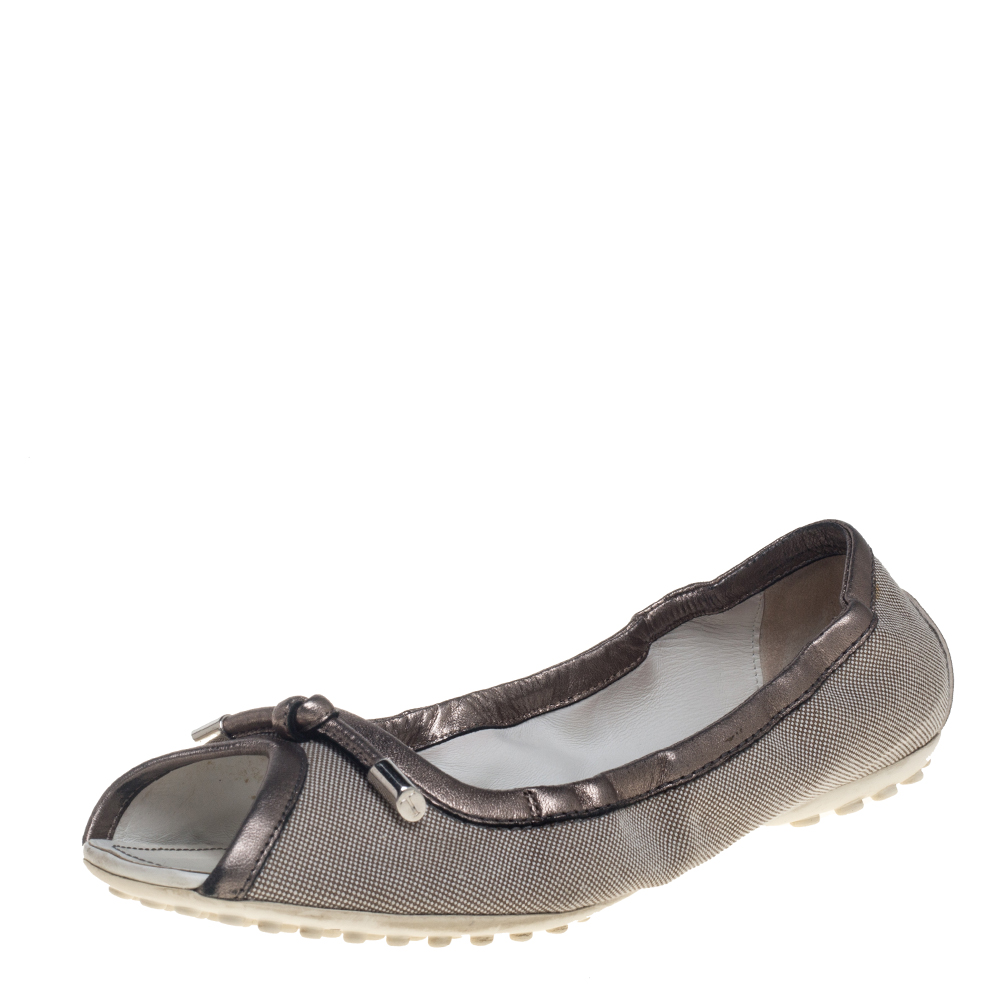 luxury-women-tods-used-shoes-p388283-002 Tod's Grey/Metallic Canvas And Leather Bow Open Toe Flats Size 39
