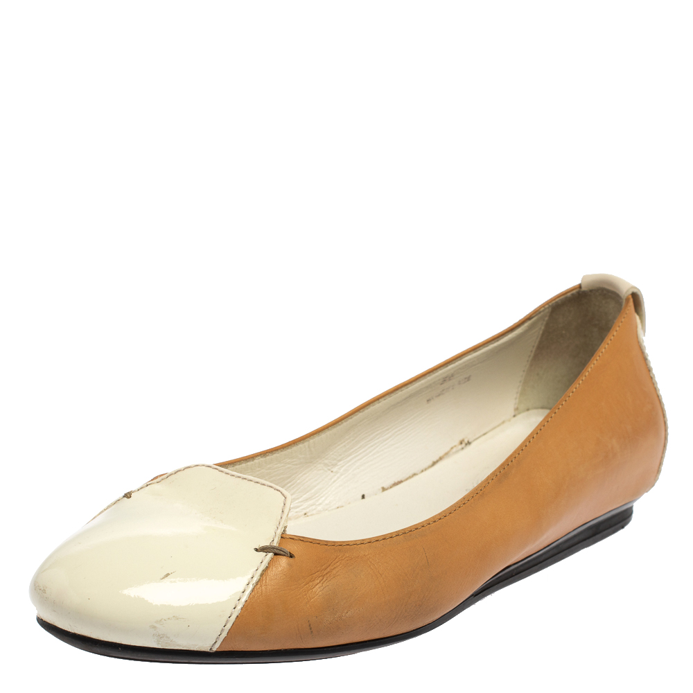 luxury-women-tods-used-shoes-p421493-004 Tod's White/Brown Patent And Leather Ballet Flats Size 36