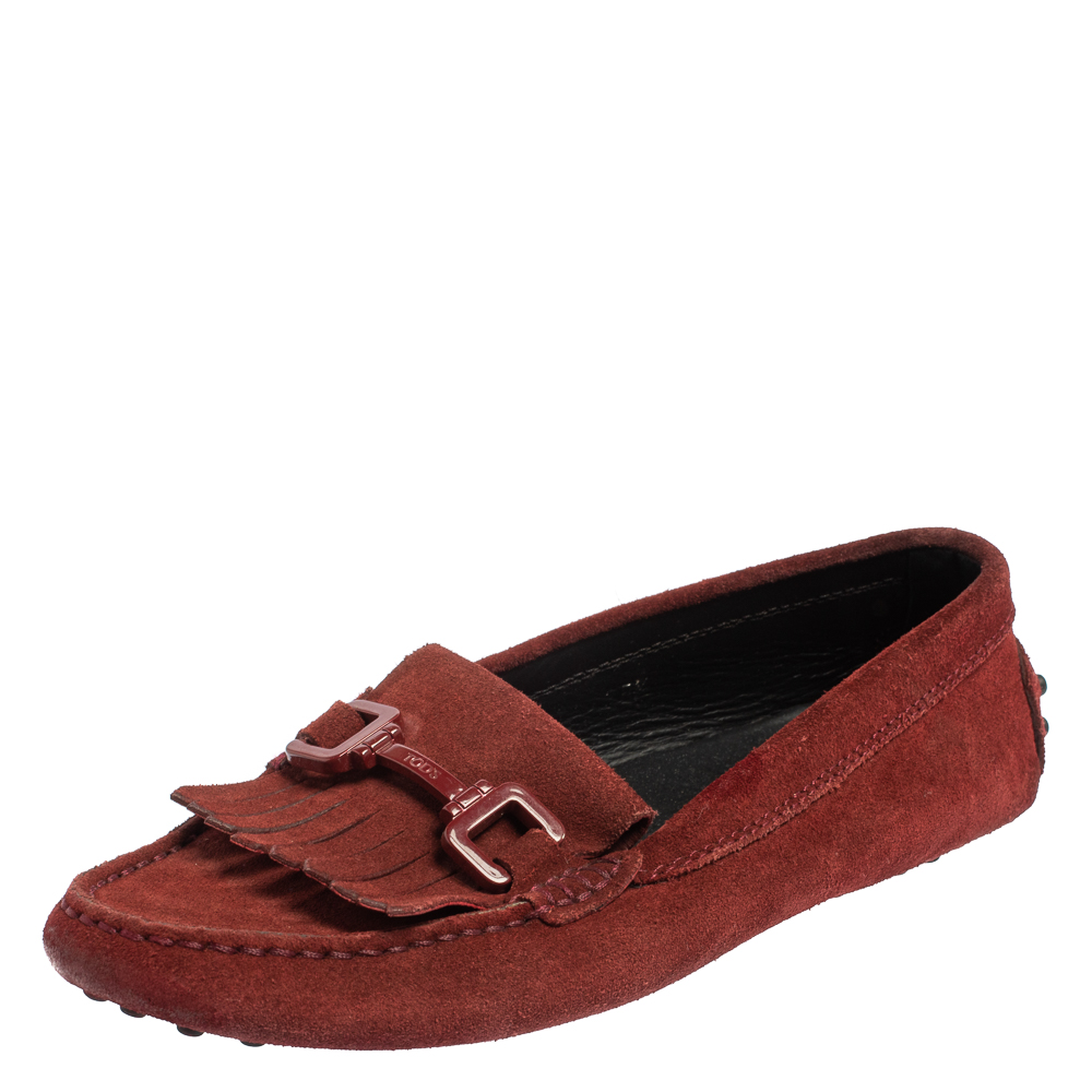 luxury-women-tods-used-shoes-p422072-004 Tod's Burgundy Suede Tassel Slip On Loafers Size 35.5