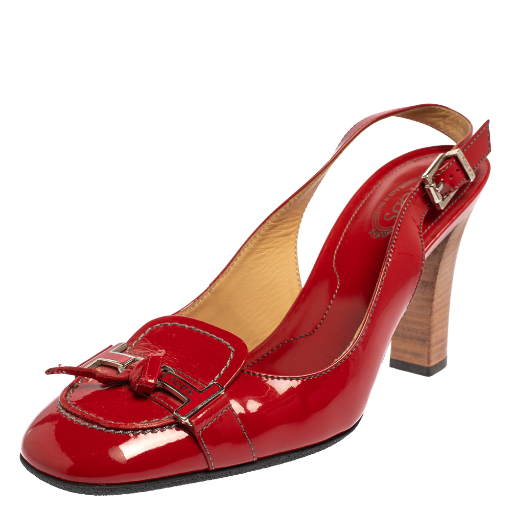 luxury-women-tods-used-shoes-p425821-004 Tod's Red Patent Leather Penny Loafer Slingback Sandals Size 38.5