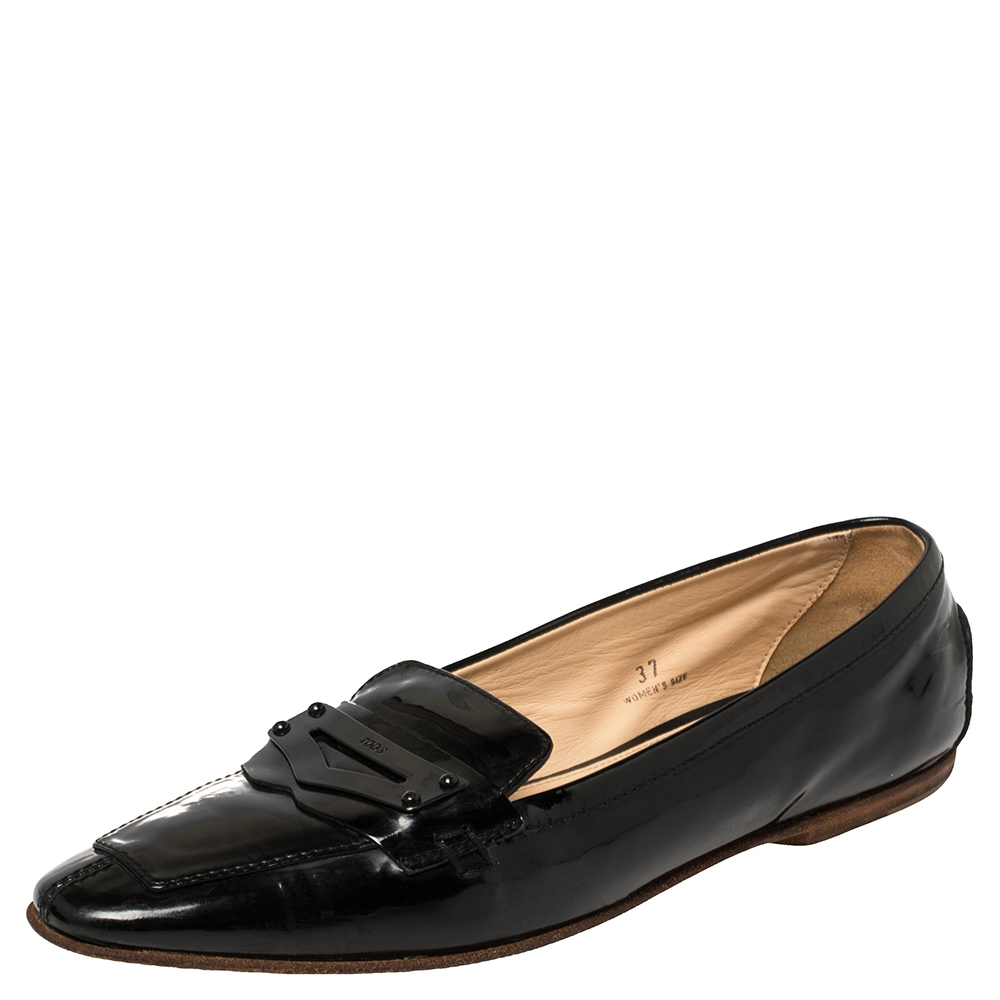 luxury-women-tods-used-shoes-p433640-005 Tod's Black Patent Leather Penny Loafers Size 37