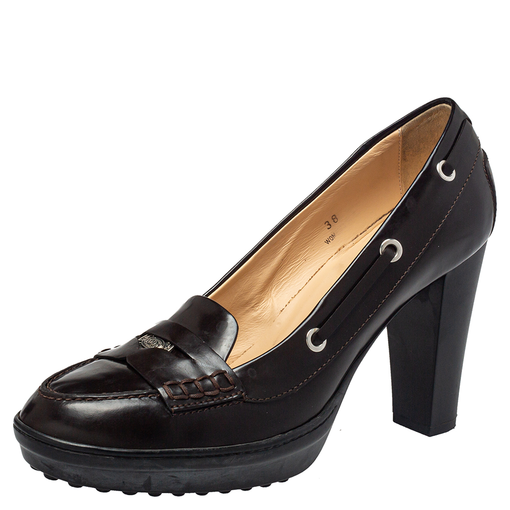 luxury-women-tods-used-shoes-p446053-005 Tod's Brown Leather Penny Loafer Pumps Size 38