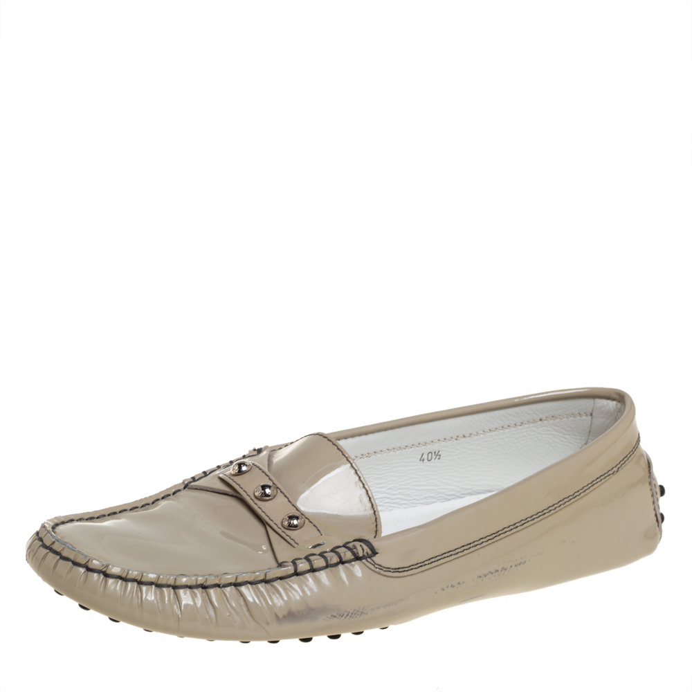 luxury-women-tods-used-shoes-p446971-003 Tod's Grey Patent Leather Slip on Loafers Size 40.5