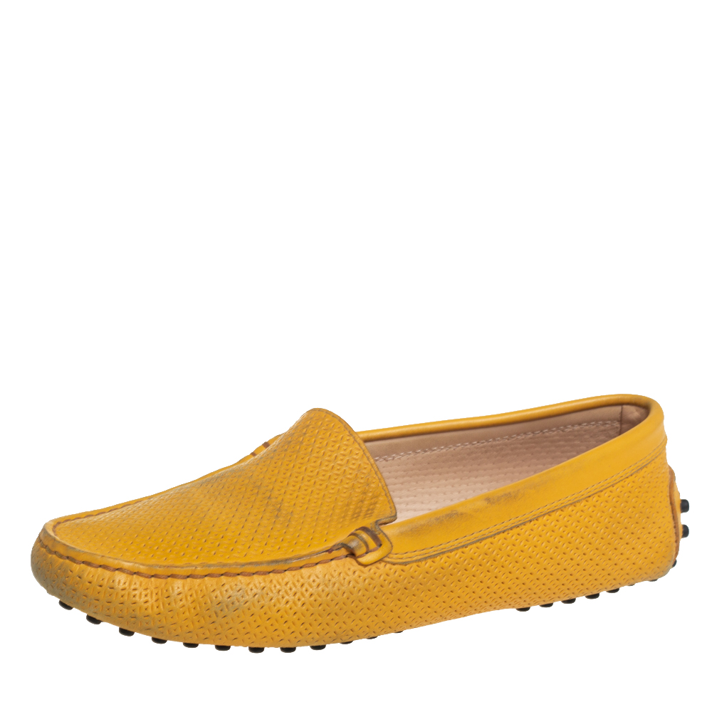 luxury-women-tods-used-shoes-p454042-007 Tod's Yellow Perforated Leather Slip On Loafers Size 36.5