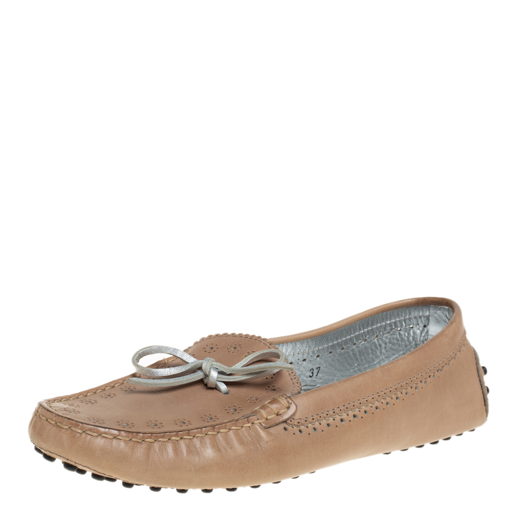 luxury-women-tods-used-shoes-p457632-006 Tod's Beige Perforated Leather Bow Loafers Size 37