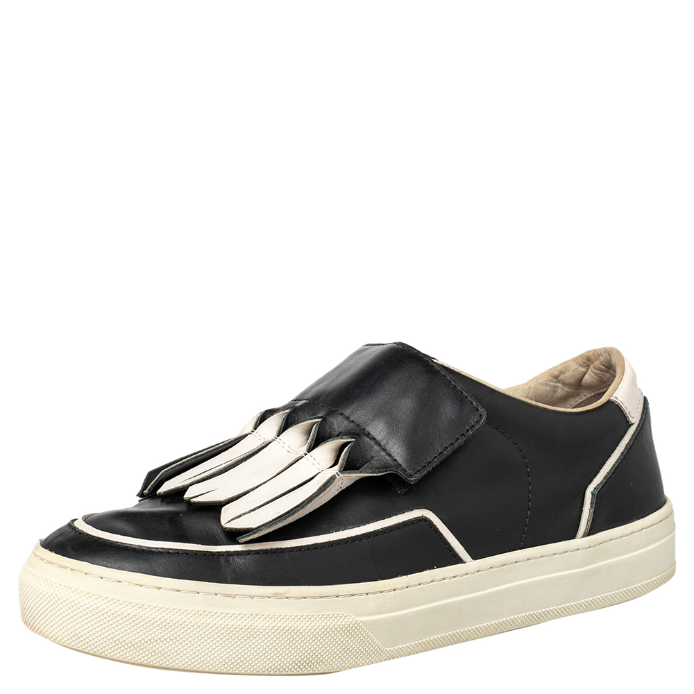 luxury-women-tods-used-shoes-p466136-003 Tod's Black/White Leather Fringe Detail Slip On Sneakers Size 37