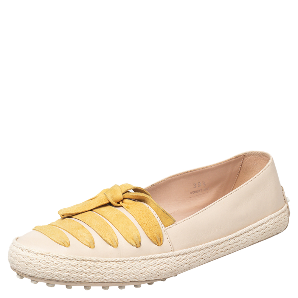 luxury-women-tods-used-shoes-p466702-009 Tod's Beige/Yellow Leather And Suede Bow Espadrille Flats Size 39.5