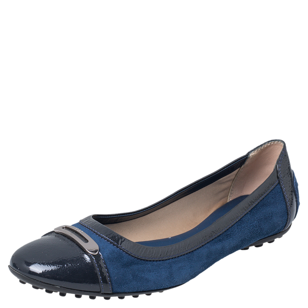 luxury-women-tods-used-shoes-p466778-009 Tod's Blue Suede And Patent Leather Embellished Cap Toe Ballet Flats Size 38
