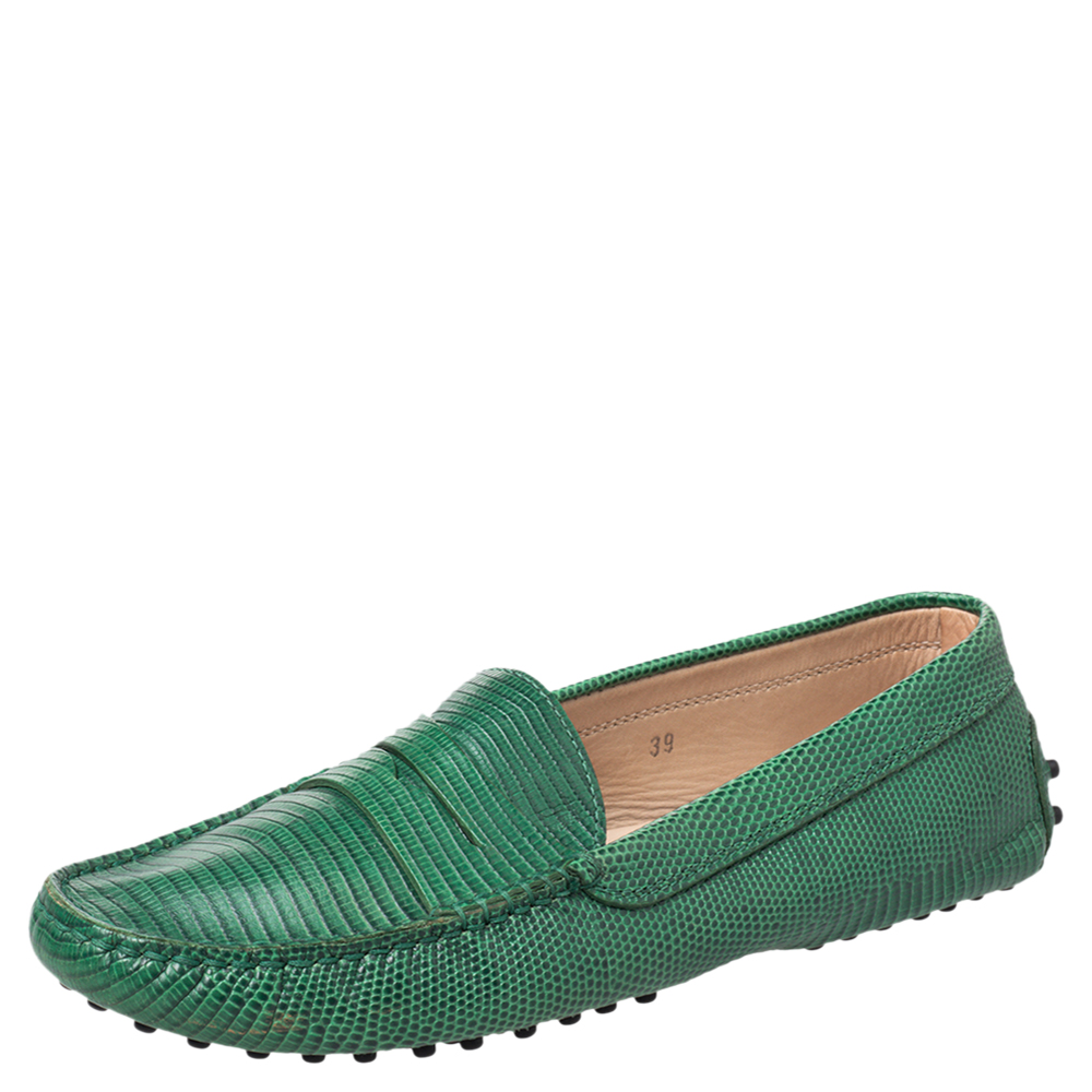 luxury-women-tods-used-shoes-p466840-009 Tod's Green Lizard Embossed Leather Penny Slip On Loafers Size 39