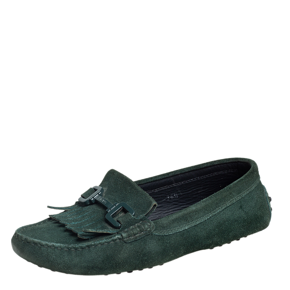 luxury-women-tods-used-shoes-p468906-001 Tod's Green Suede Fringe Slip On Loafers Size 36.5